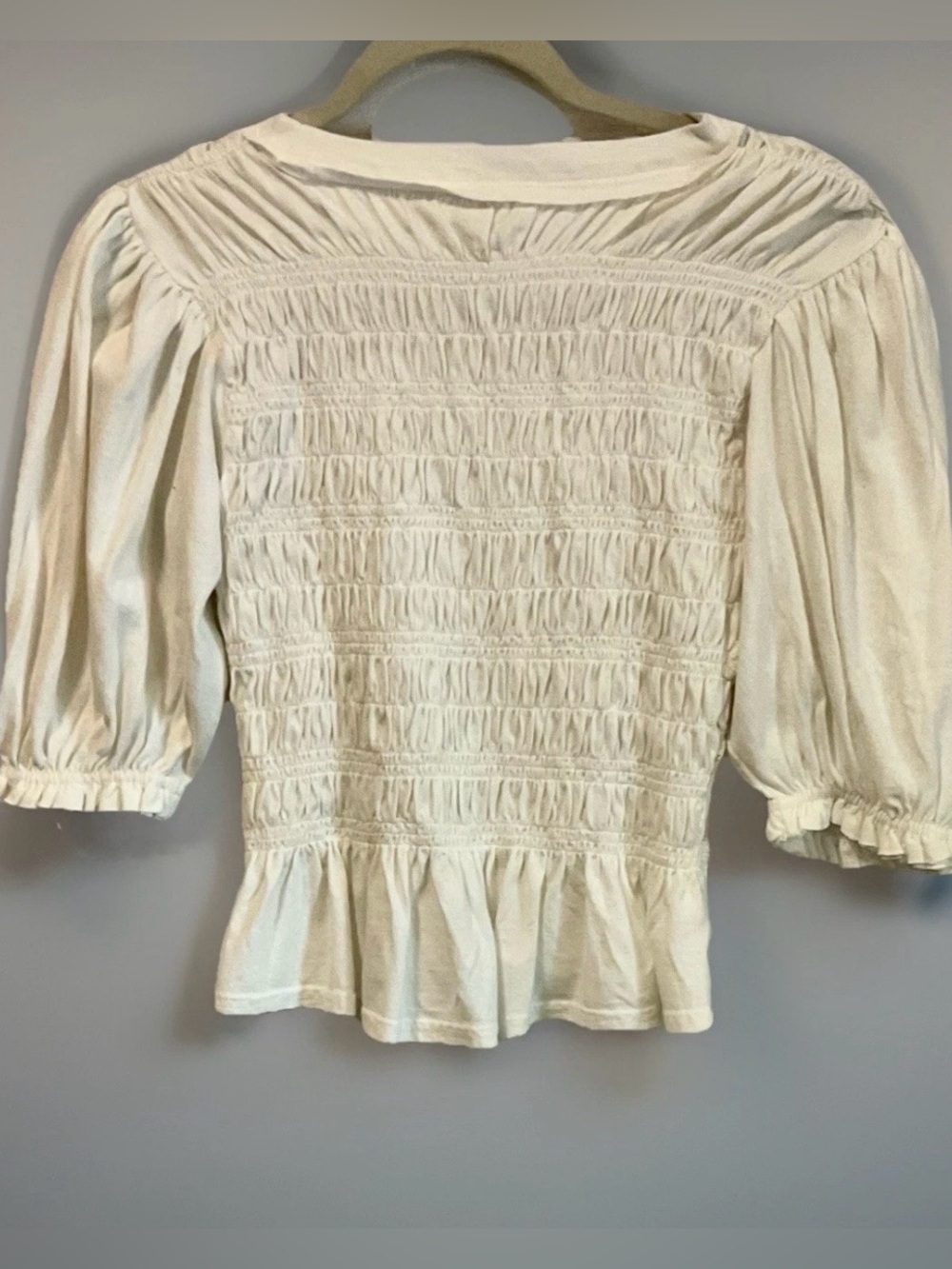 Free People NWT Maxey Smocked Ruffled Cream Puffed Half Sleeve Knit Top, XS - Picture 10 of 12